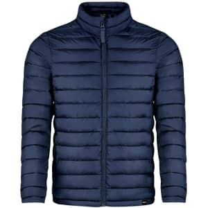 A navy puffer jacket with a zip front and a high collar, featuring a logo on the side.