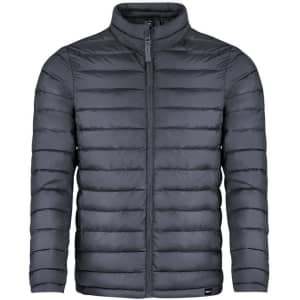 A puffer jacket in dark grey with a zip-front design and a collar. It features a logo on the hem.