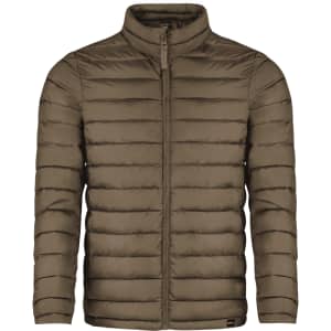 A puffer jacket in a muted brown colour with a zip front and a stand-up collar. It has a branding logo.