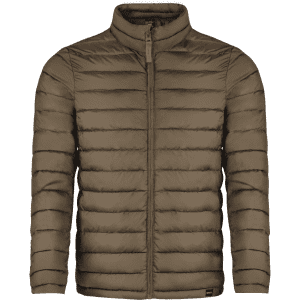 A brown puffer jacket featuring a zip front and a stand-up collar. The jacket has a logo on it.