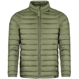 A puffer jacket in olive green with a full front zip and a stand-up collar, featuring a logo.