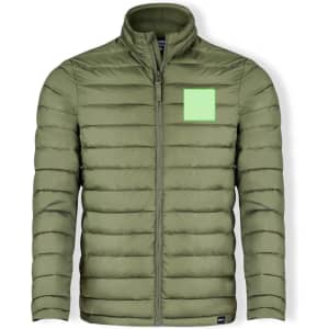 A puffer jacket in olive green featuring a zip front and a logo patch on the chest area.