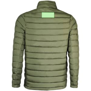 A puffer jacket in olive green with a horizontal quilted design and a logo on the back.