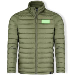 A puffer jacket in olive green with a standard collar and a logo on the upper left side.