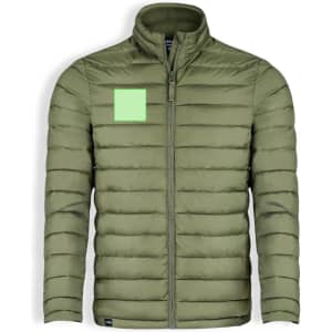An olive green puffer jacket with a zip front and a logo on the upper left side.