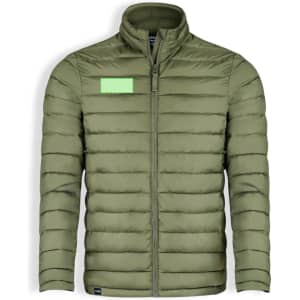 An olive green puffer jacket featuring a zip front and a logo on the left side.