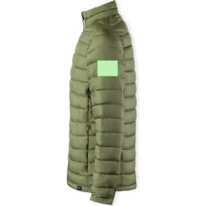An olive green puffer jacket featuring a logo on the sleeve and vertical quilted design.