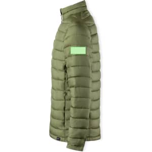A puffer jacket in olive green with a textured finish and a logo on the sleeve.