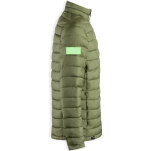 A puffer jacket in olive green with a logo on the sleeve and a zip front.