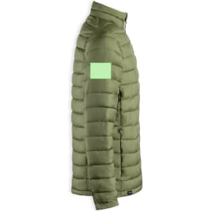 A green puffer jacket featuring a zip-up front and an arm logo on the side.