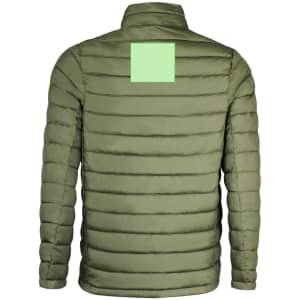 An olive green puffer jacket with a quilted design and a plain patch on the back. It features a collar and long sleeves.