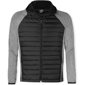 A soft shell jacket featuring a black body with grey sleeves and a hood, complete with a front zipper and logo.