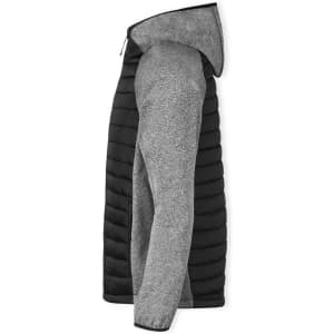 A soft shell jacket in grey and black, featuring a hood and a side zip, with a logo on it.