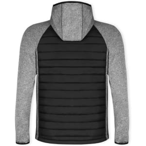 A soft shell jacket featuring a black and grey design with a hood and textured patterns. It has a branding logo.