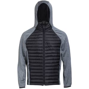 A soft shell jacket featuring a black and grey design with a hood and zip closure, and includes a logo.