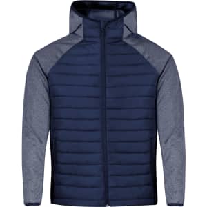 A navy blue soft shell jacket with a zip front and grey panel detailing, featuring a hood and branding.