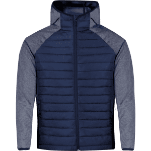 A navy and grey soft shell jacket with a hood and zip fastening, featuring branding on the chest.