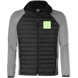 A black and grey soft shell jacket featuring a zip front and a hood, with a blank square patch on the chest.