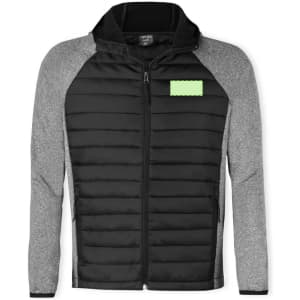 A black and grey soft shell jacket with a hood, featuring quilted sections and a branding logo.