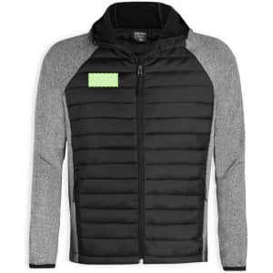 A soft shell jacket featuring a black padded front and grey sleeves with a hood, complete with a logo.