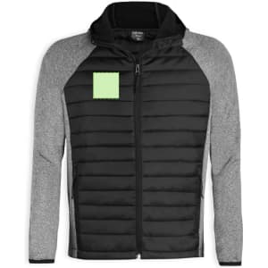 A black and grey soft shell jacket with a textured finish and a logo on the chest area.