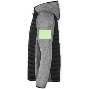A soft shell jacket featuring a combination of grey and black panels, with a green patch on the arm and a hood.