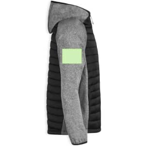 A soft shell jacket featuring a grey and black design, with a hood and a logo on the sleeve.