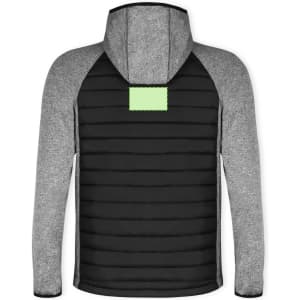 A soft shell jacket featuring a black and grey design with a hood and a branding patch on the back.