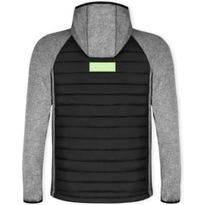 A soft shell jacket in grey and black with a hood and a branding logo on the back.
