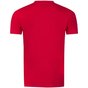 A red adult T-shirt with a round neckline and short sleeves, featuring a logo on the back.
