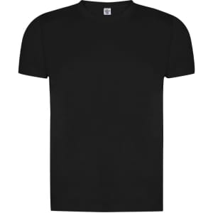 A black organic adult T-shirt with a classic crew neck and short sleeves, featuring a logo on the label.