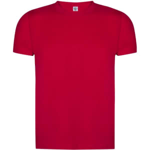 A red organic adult T-shirt with a round neck and short sleeves, featuring a logo on the label.
