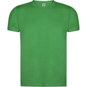 A green organic adult t-shirt with a standard crew neck and short sleeves, featuring a logo.