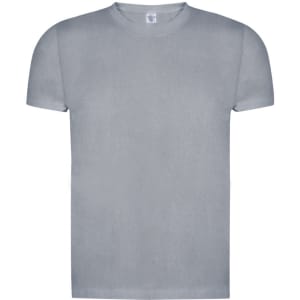 A grey organic cotton adult T-shirt with short sleeves and a simple design. It has a branded logo.