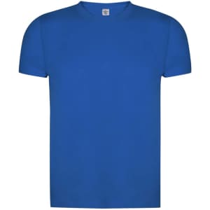 A blue organic adult T-shirt with a crew neckline and short sleeves. It features a logo on the label.