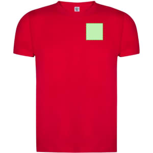 A red adult T-shirt featuring a square patch in a mint green colour. The shirt has a logo on the chest area.