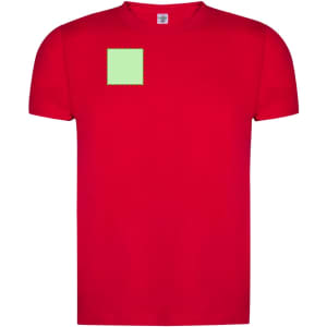 A red adult T-shirt featuring a green square patch. The shirt has a logo on the label.