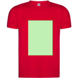 A red adult T-shirt with a green rectangular blank area in the centre and a logo on the tag.