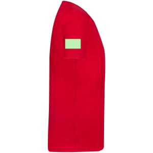 A red organic adult T-shirt featuring a green patch on the sleeve and a simple, classic design.