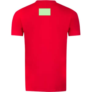 A red adult T-shirt with a blank green patch on the back and a logo on the lower back.