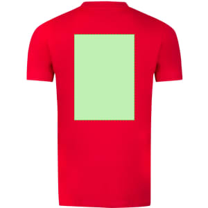 A red adult T-shirt featuring a blank green panel on the back. The shirt has a logo on it.