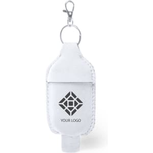 A white hand sanitiser pouch with a keyring clip, featuring a branded logo on the front.