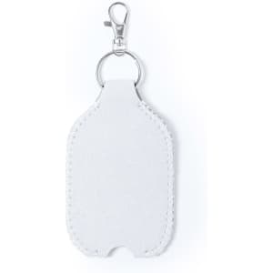 A grey pouch with a clip and keyring, designed for holding hand sanitiser. Features a simple, smooth design.