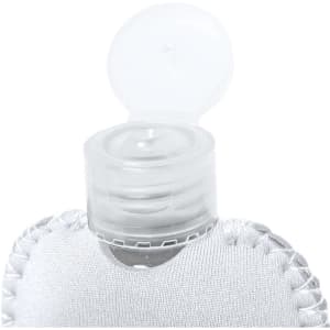A grey hand sanitiser pouch with a flip-top lid, featuring a clear nozzle. It has a stitched design.