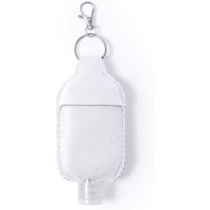 A white hand sanitiser pouch with a clip, featuring a smooth surface and a transparent bottom.