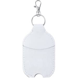 A white pouch with a keychain clip, designed for holding hand sanitiser. It has a simple, sleek design.