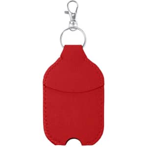 A red pouch with a clip, designed for holding hand sanitiser. It features a simple and sleek design.