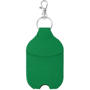 A green pouch with a clip and a pocket, designed for holding hand sanitiser. Features a simple logo.