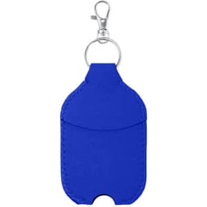 A blue pouch with a clasp, designed to hold hand sanitiser, featuring a round opening at the base.