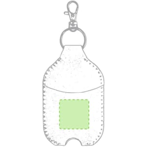 A green Karlax Pouch, designed for hand sanitiser, featuring a keychain clip and a front pocket. It has a simple logo.